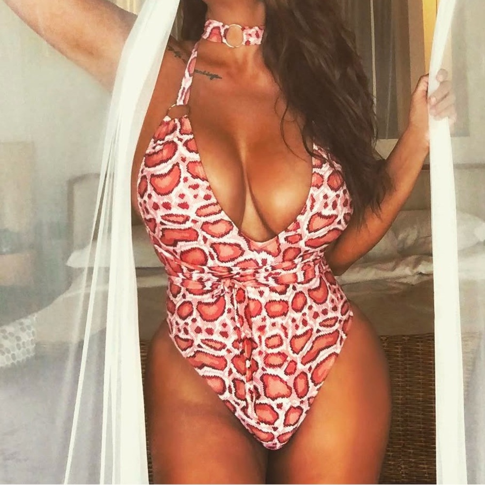 Mint Swim by Draya Sexy Stretch Red Leopard Print Swimsuit Beach Hot Size Large